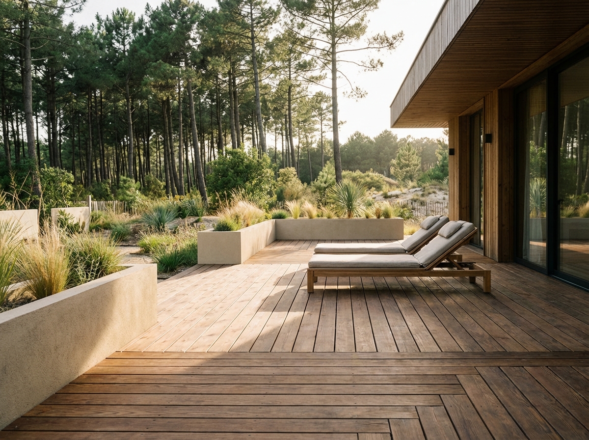 Deck Thermopin 80 m² avec bardage assorti à Soorts-Hossegor