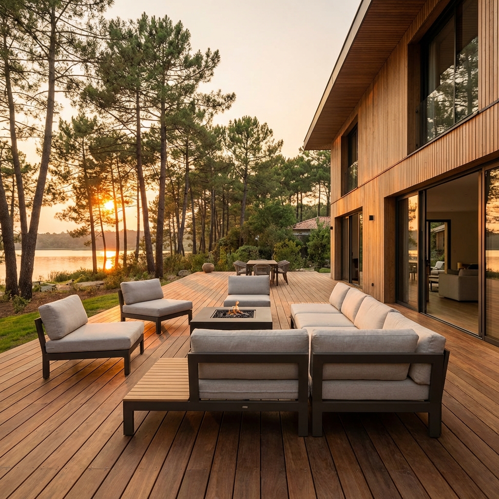 Terrasse bois grand format devant villa Art Déco avec vue sur le lac marin d'Hossegor